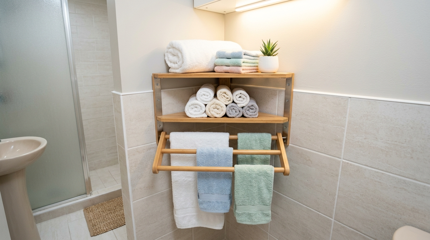 Use baskets for rolled towels in a relaxed style